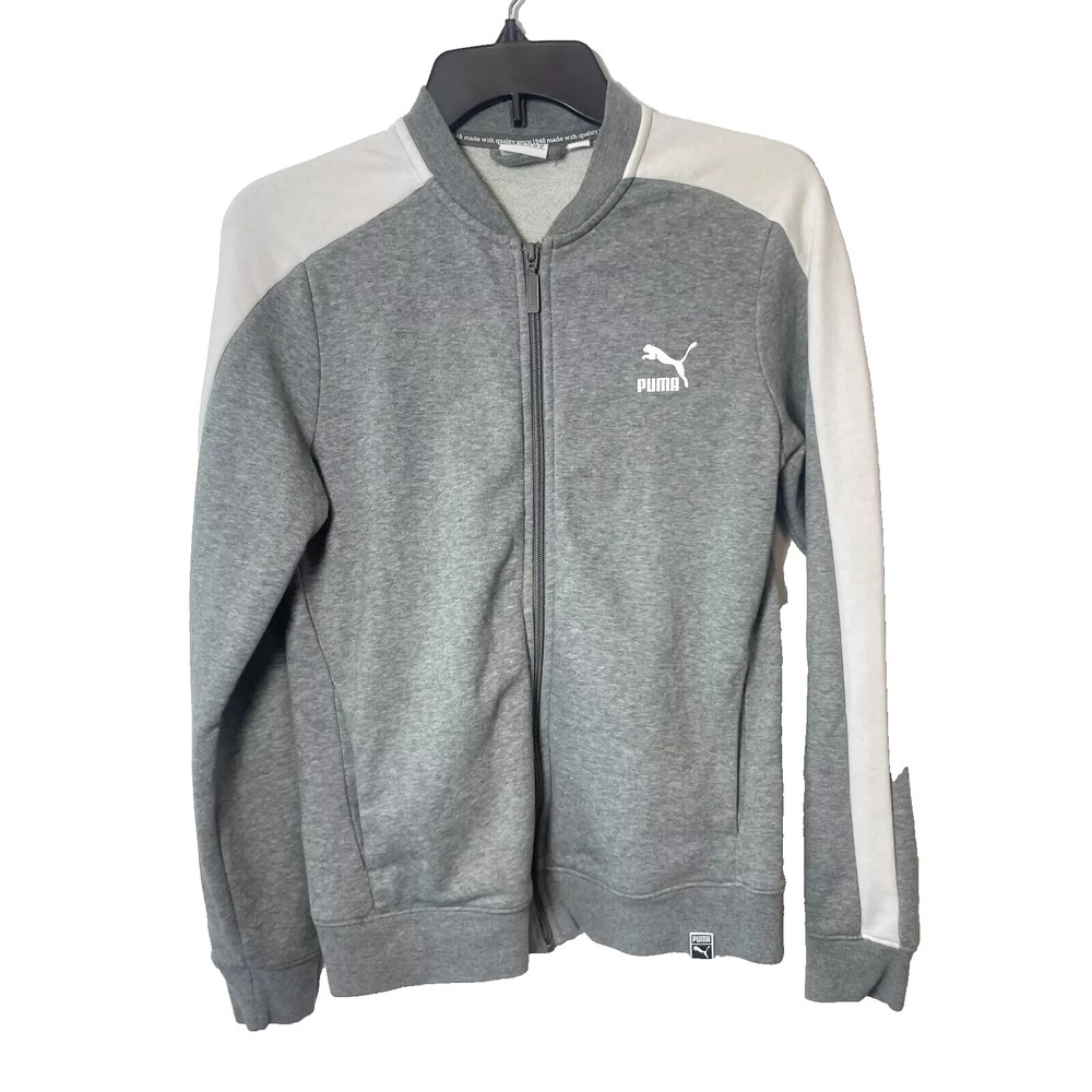 PUMA Classics T7‎ Full Zip Track Jacket Womens M Gray Side Stripes Logo Athletic